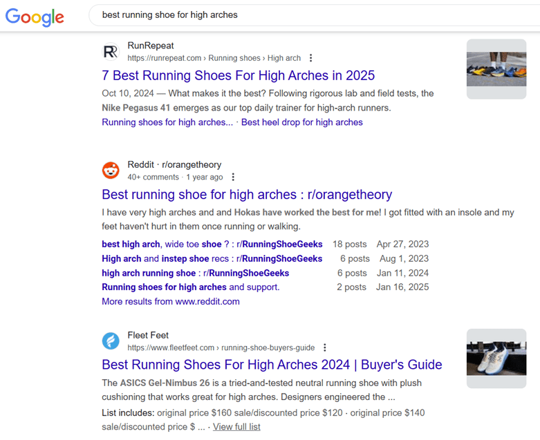 Google search results for 'best running shoe for high arches'